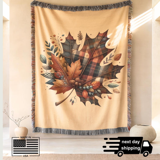 Plaid Fall Blanket – Cozy Cotton Throw with Tartan Leaf Pattern & Fringed Edges