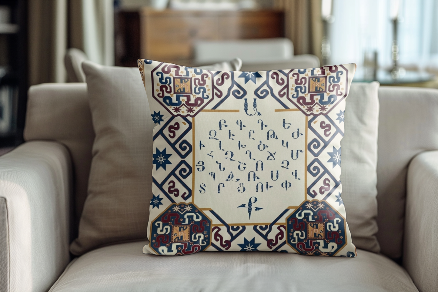 Armenian Alphabet Pillow Cover – Blue & Brown on Cream