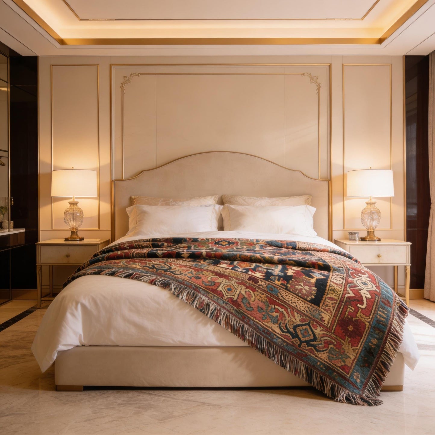 Anatolian Inspired woven blanket with rug-style pattern styled for layered home decor