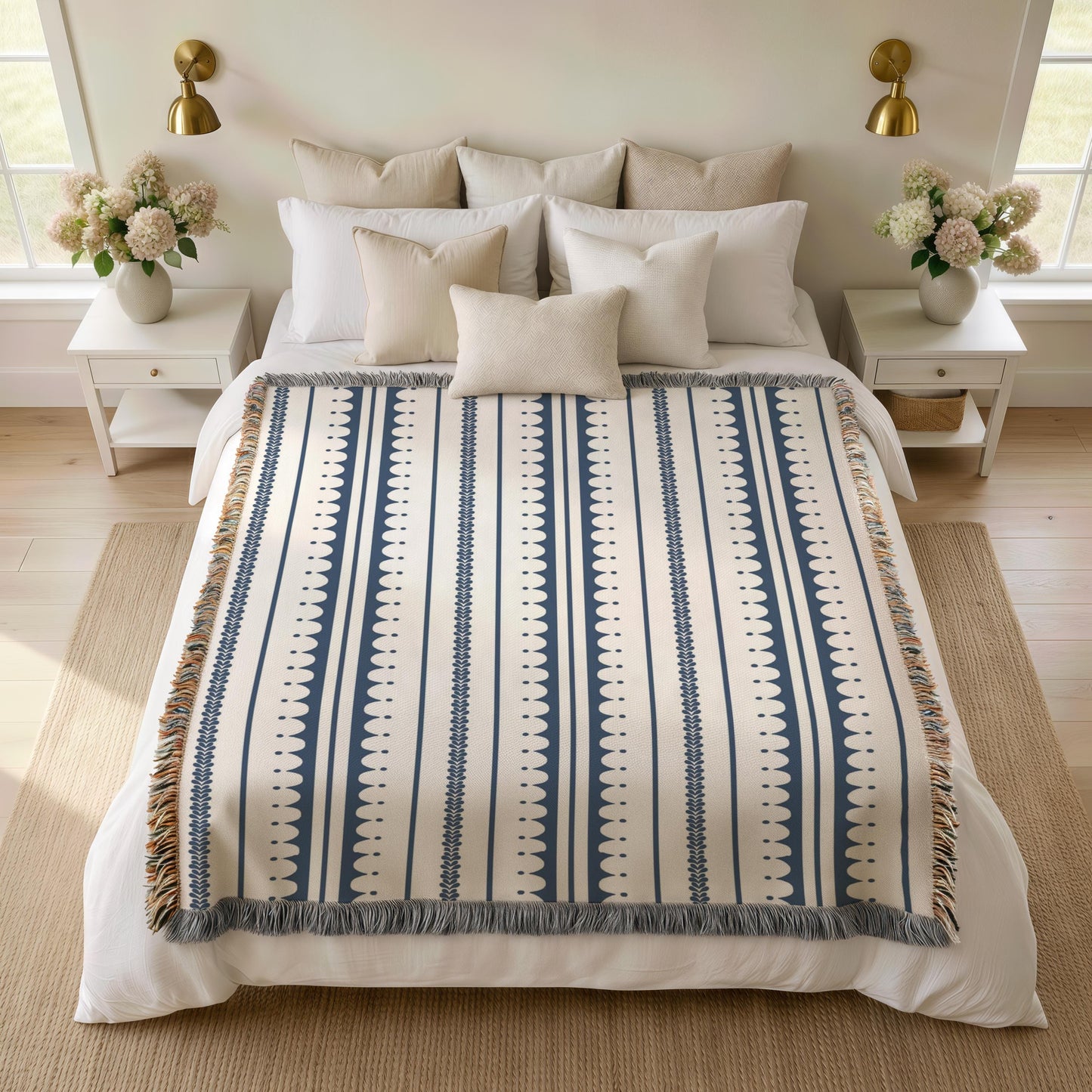 Modern Geometric woven blanket with geometric pattern styled for layered home decor