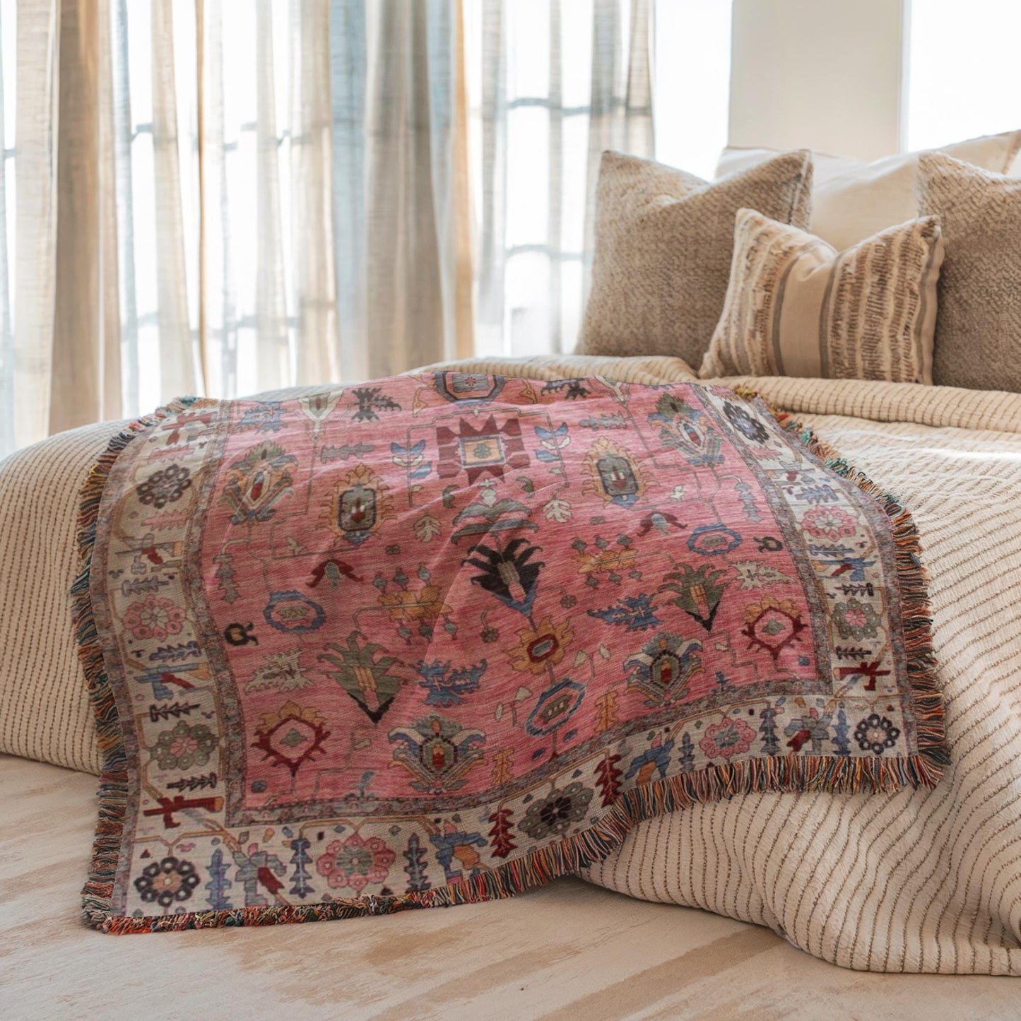 Anatolian Inspired woven blanket with rug-style pattern styled for layered home decor