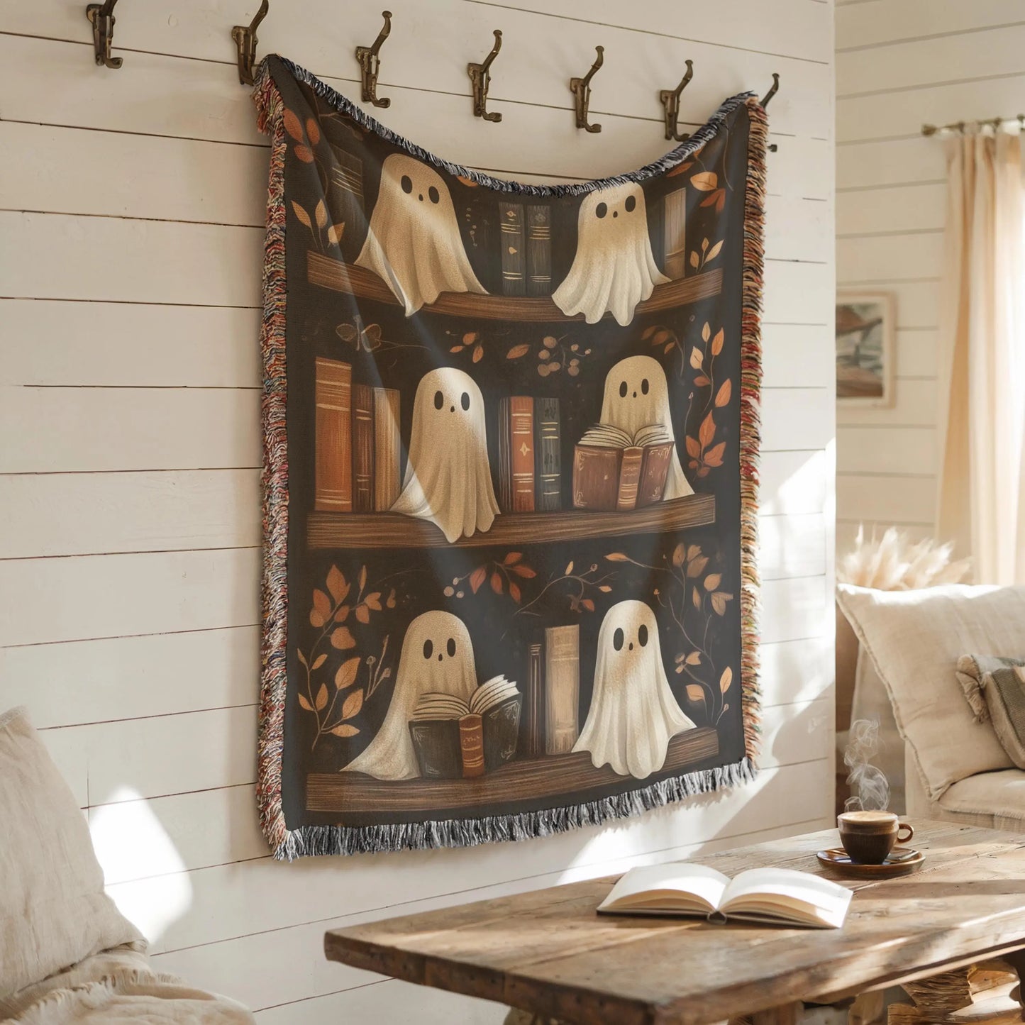 Halloween Woven Blanket – Ghosts on Bookshelf Cozy Sofa Throw with Colorful Fringed Edges