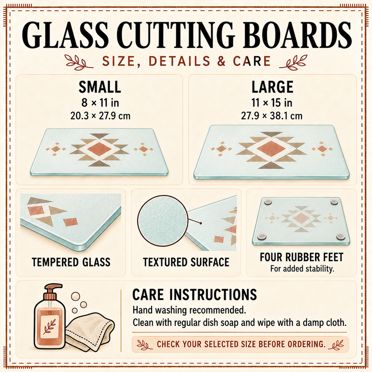 Size and care card: 8 x 11 in and 11 x 15 in, tempered glass, textured surface, four rubber feet
