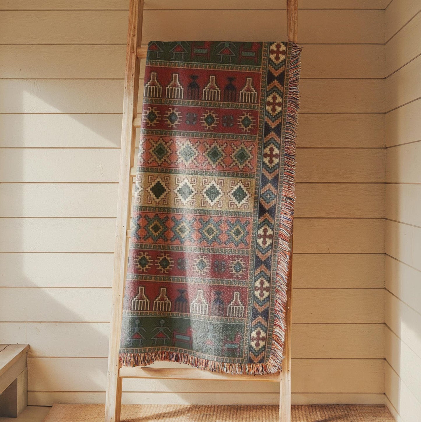 Southwestern woven wall tapestry with geometric pattern styled as textile wall decor