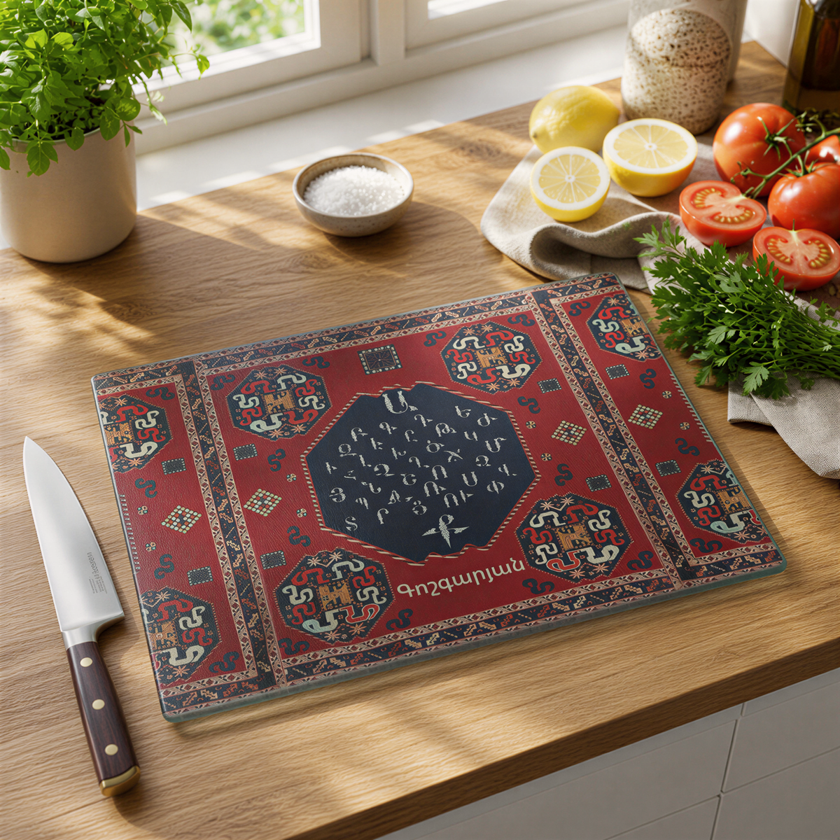 Armenian family name cutting board on a wood counter with a knife, tomatoes and lemons