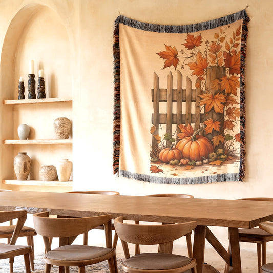 Woven Tapestry, Fall Leaves and Pumpkins Textile Art, Harvest Season Decoration, Fall Home Decor, Autumn Cozy Wall Hanging Thanksgiving Gift