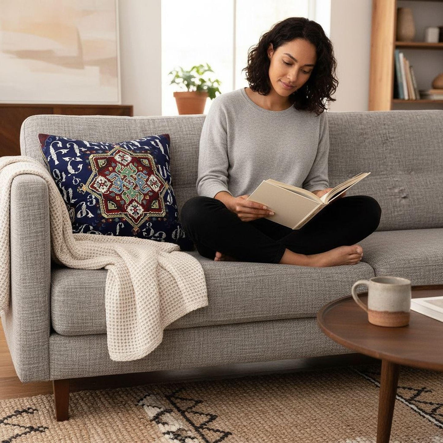 A woman is sitting on a gray couch, reading a book with a mug of coffee nearby.