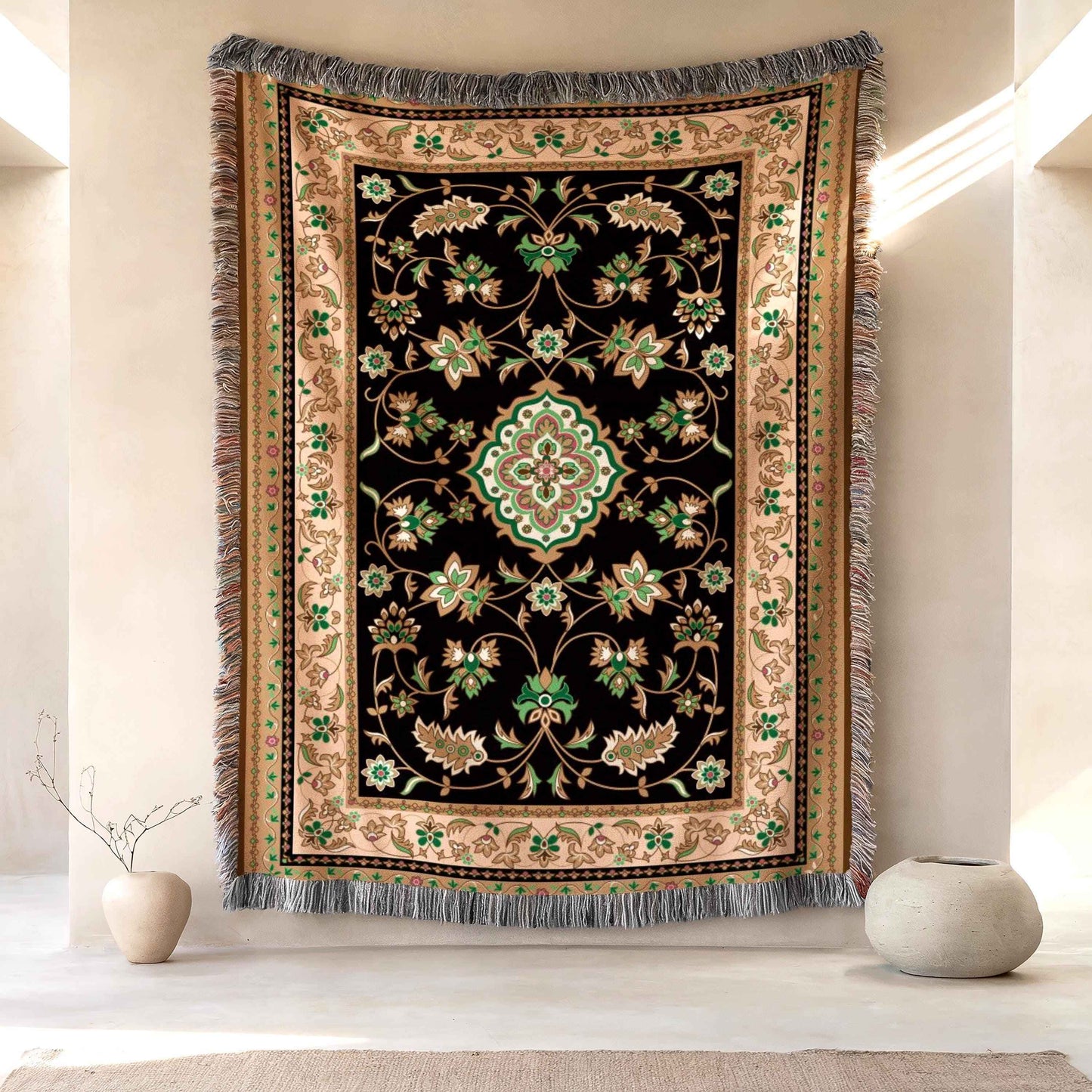 Caucasian Rug Inspired woven wall tapestry with geometric pattern styled as textile wall decor