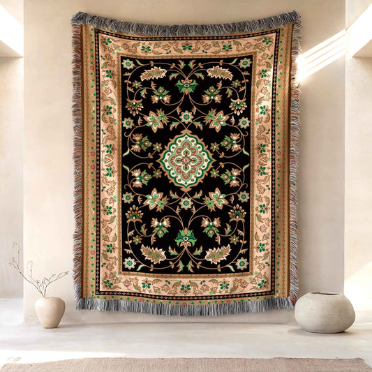 Caucasian Rug Inspired woven wall tapestry with geometric pattern styled as textile wall decor