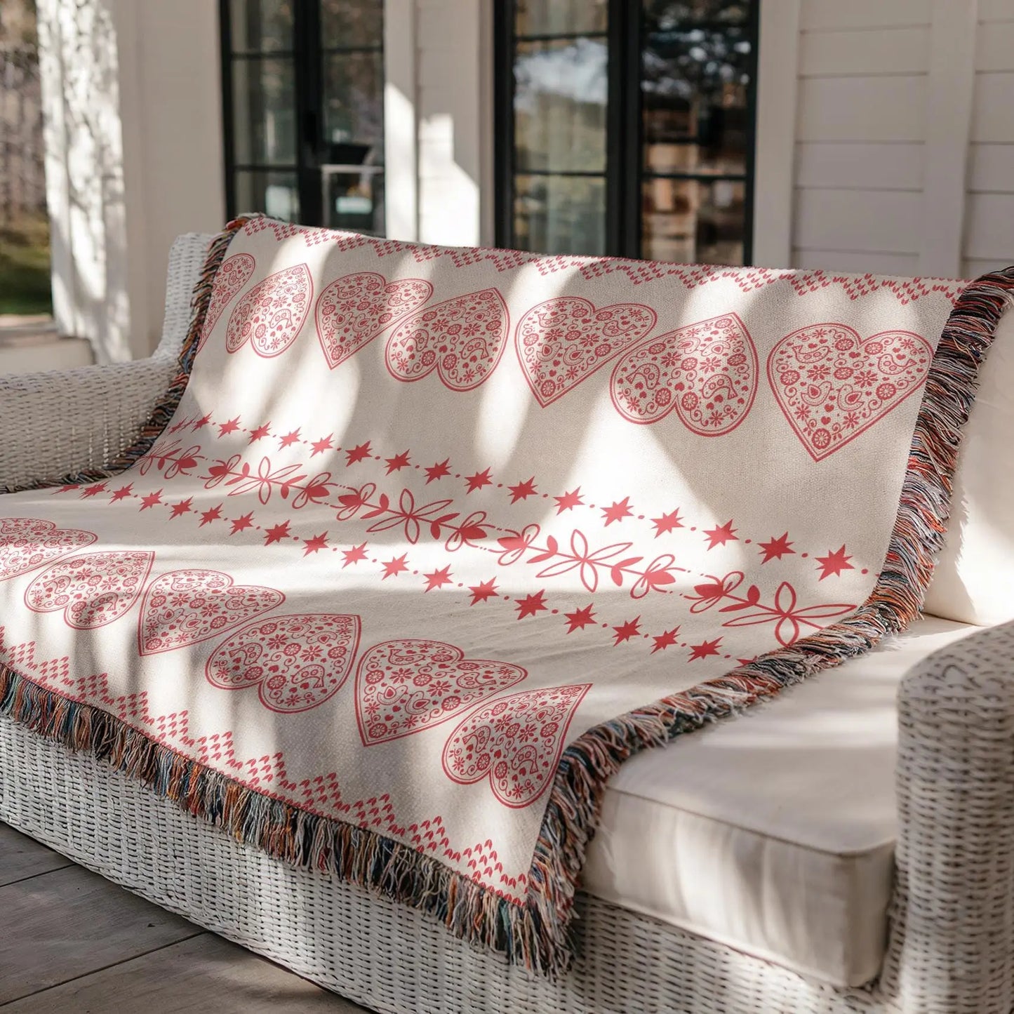 Scandi Heart Blanket – Woven Cotton Throw with Red Hearts | Cozy Nordic Gift