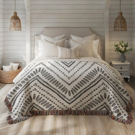 Woven Throw Blanket - Black and White Ikat Pattern Cotton Cozy Couch Throw
