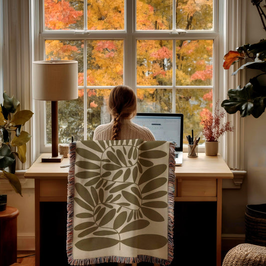 Woven Throw Blanket - Mid Century Throw With Scandi Leaves Pattern & Fringed Edge