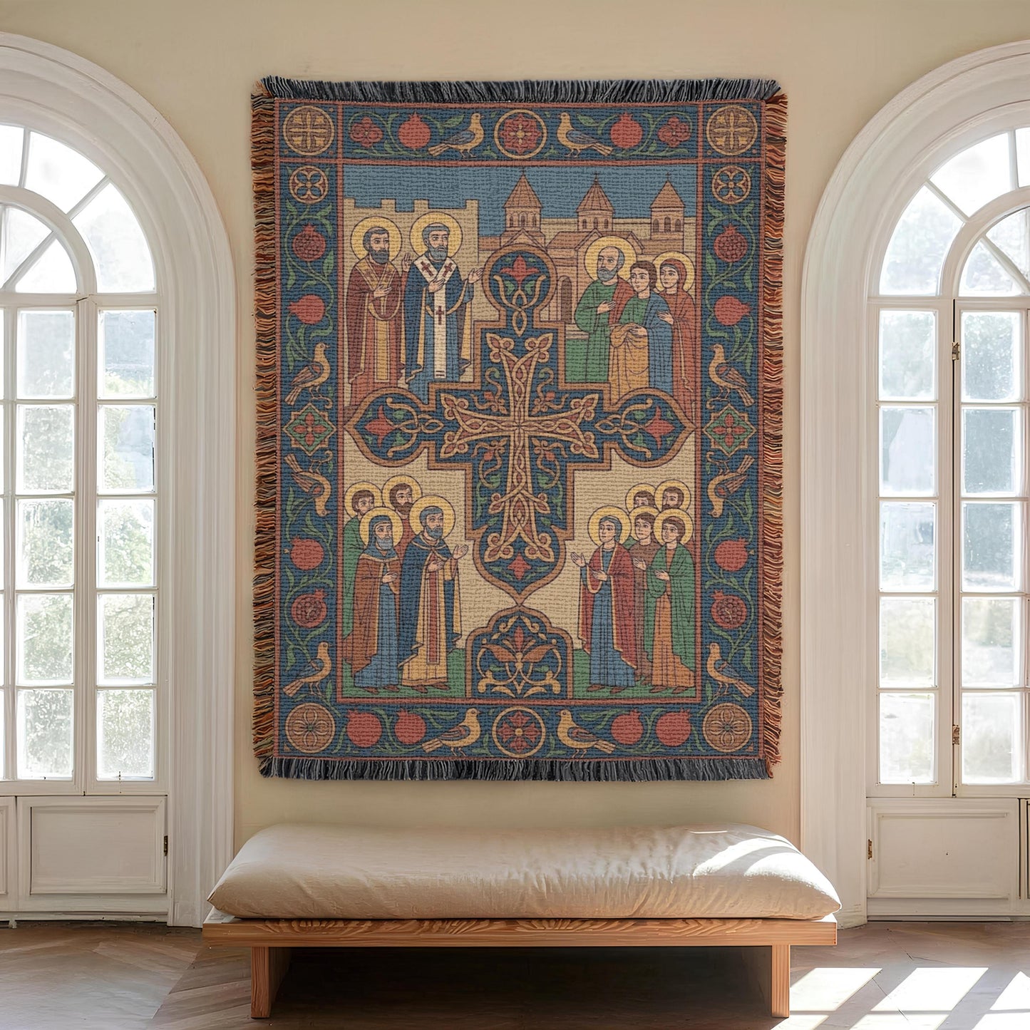 Tall Armenian Christian wall decor between arched windows, intricate icon border, rust and cream palette