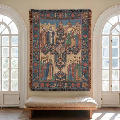 Tall Armenian Christian wall decor between arched windows, intricate icon border, rust and cream palette