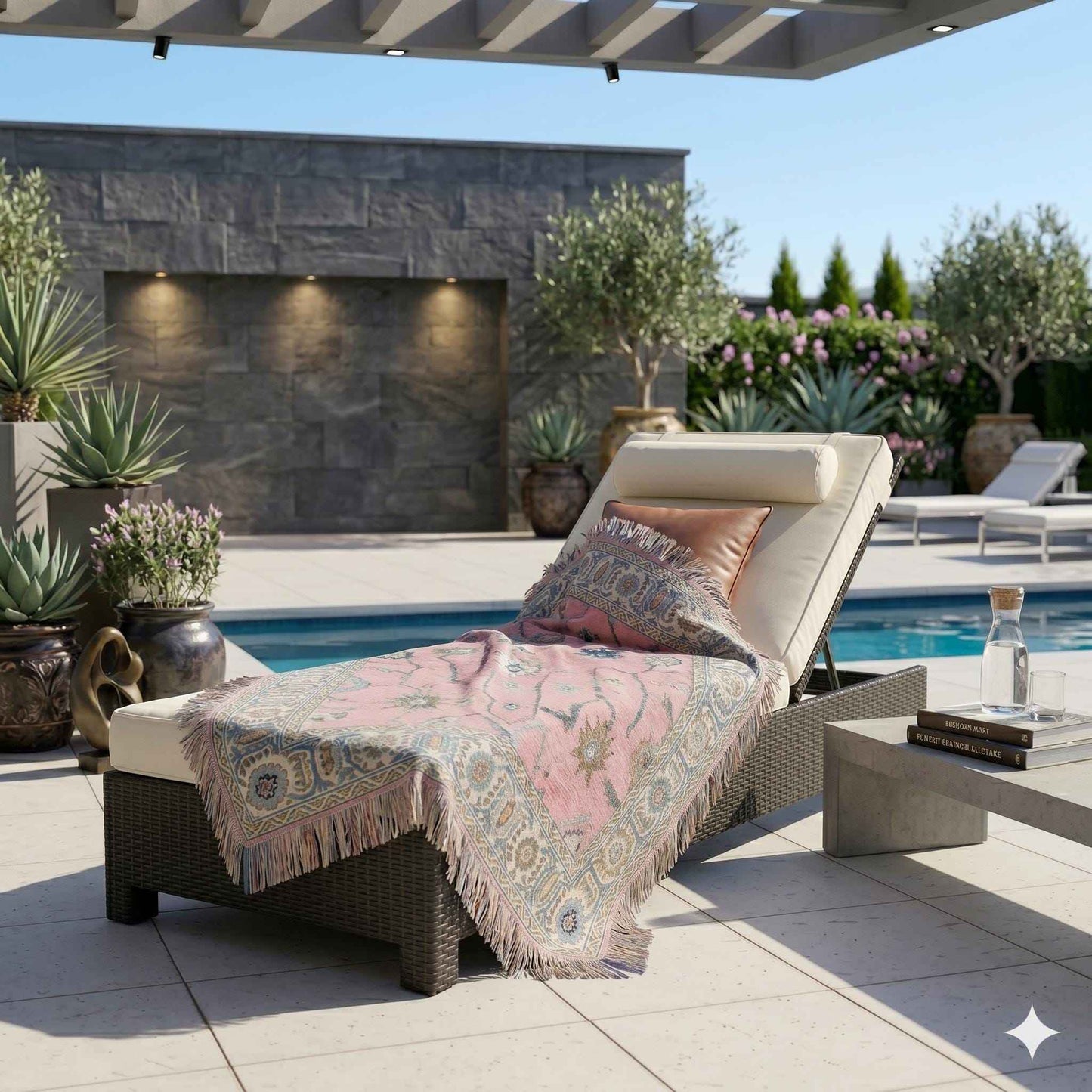 Anatolian Inspired outdoor woven throw blanket with rug-style pattern for patio styling