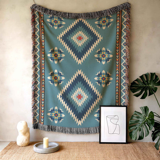 Navajo Wall Tapestry - Rustic Cotton Boho Patio Blanket with Colorful Fringed Edges - timelessbohochic.com