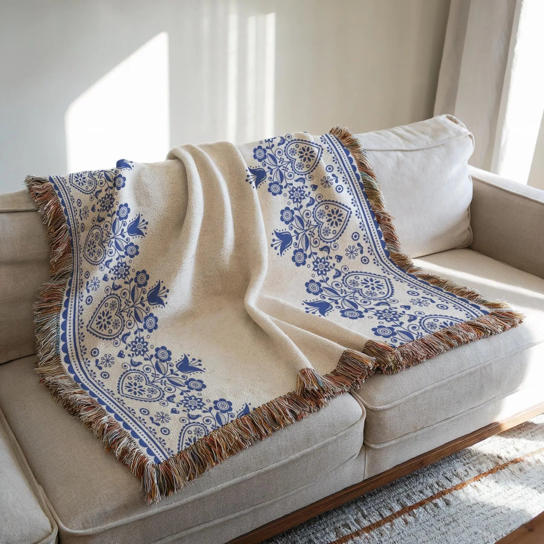 Swedish Woven Blanket – Cozy Scandinavian Throw With Hearts And Tulips Design