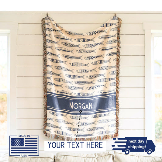 Custom Sardine Blanket | Soft Cotton Woven Throw, Personalized Beach Towel & Coastal Home Decor