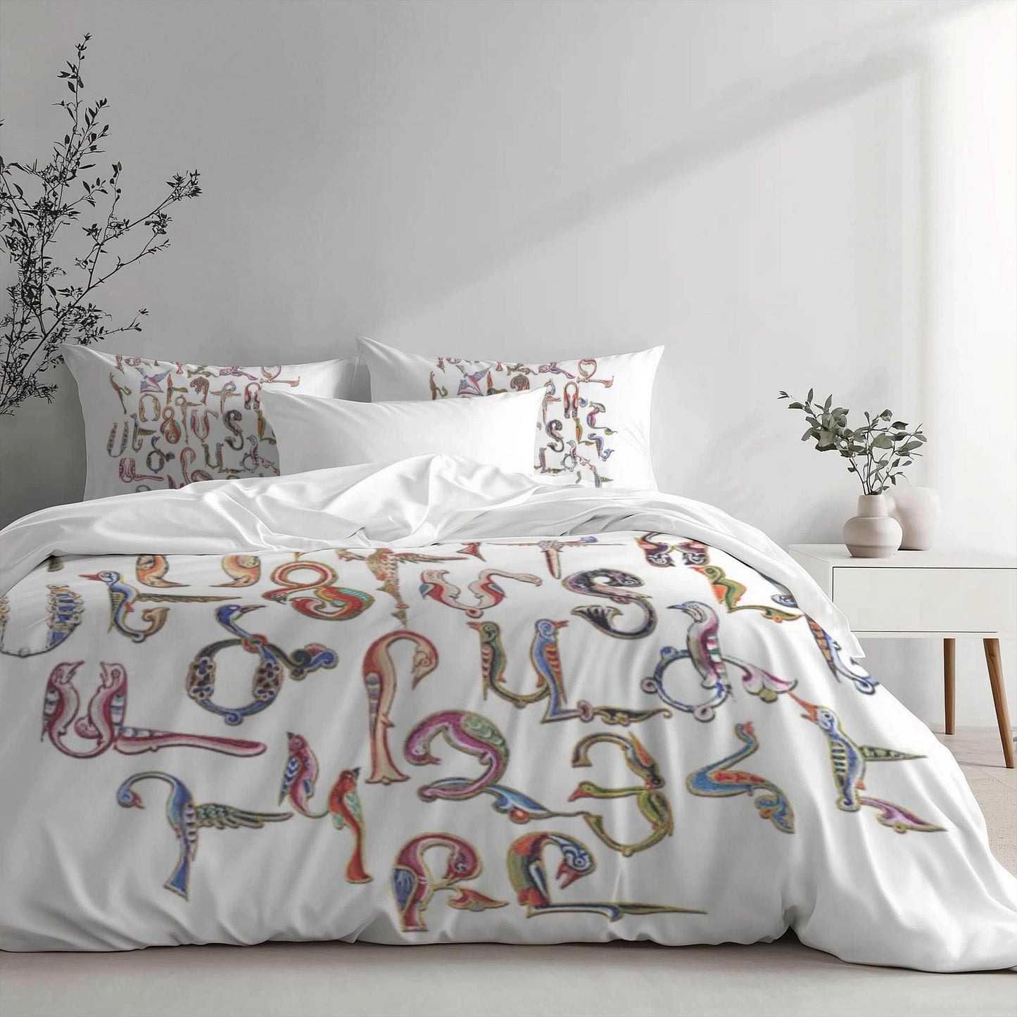 Armenian Alphabet Duvet Cover - Multicolor Bedding Set with Trchnagir Pattern & Zipper Closure - timelessbohochic.com