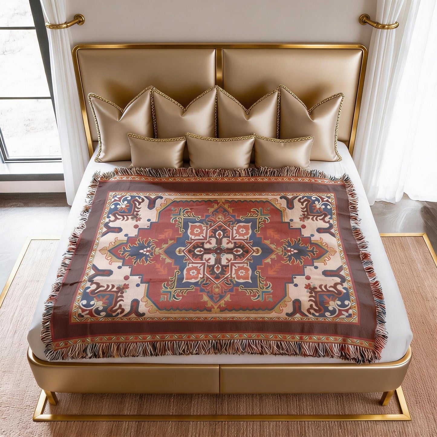 Anatolian Inspired woven blanket with rug-style pattern styled for layered home decor