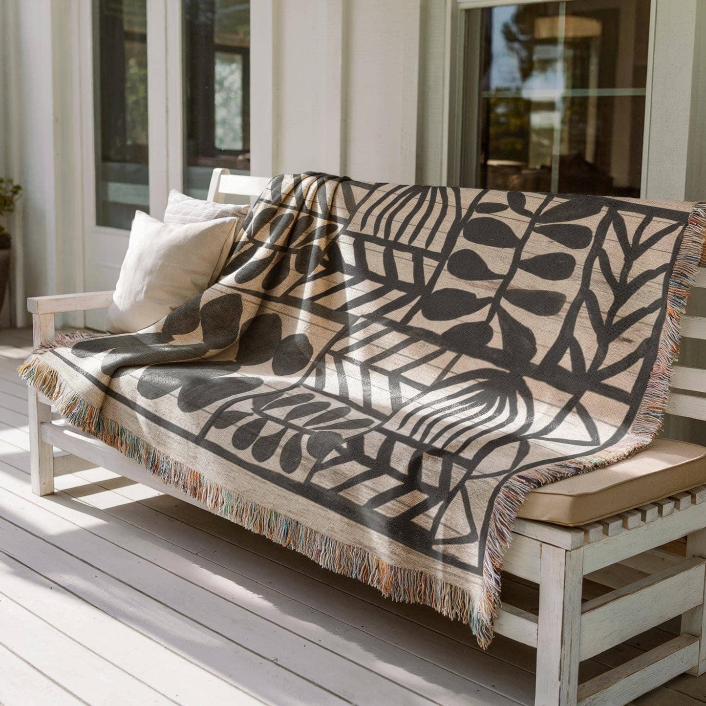 Modern Geometric woven wall tapestry with geometric pattern styled as textile wall decor