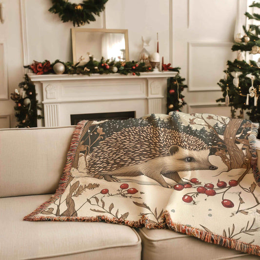 Woodland Creature Blanket - Cozy Cotton Woven Throw With Hedgehog Design - timelessbohochic.com