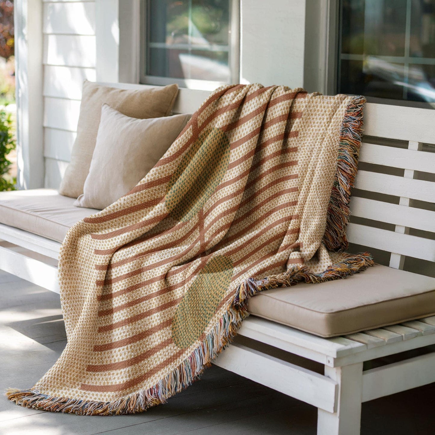 Scandinavian Inspired woven blanket with woven pattern styled for layered home decor