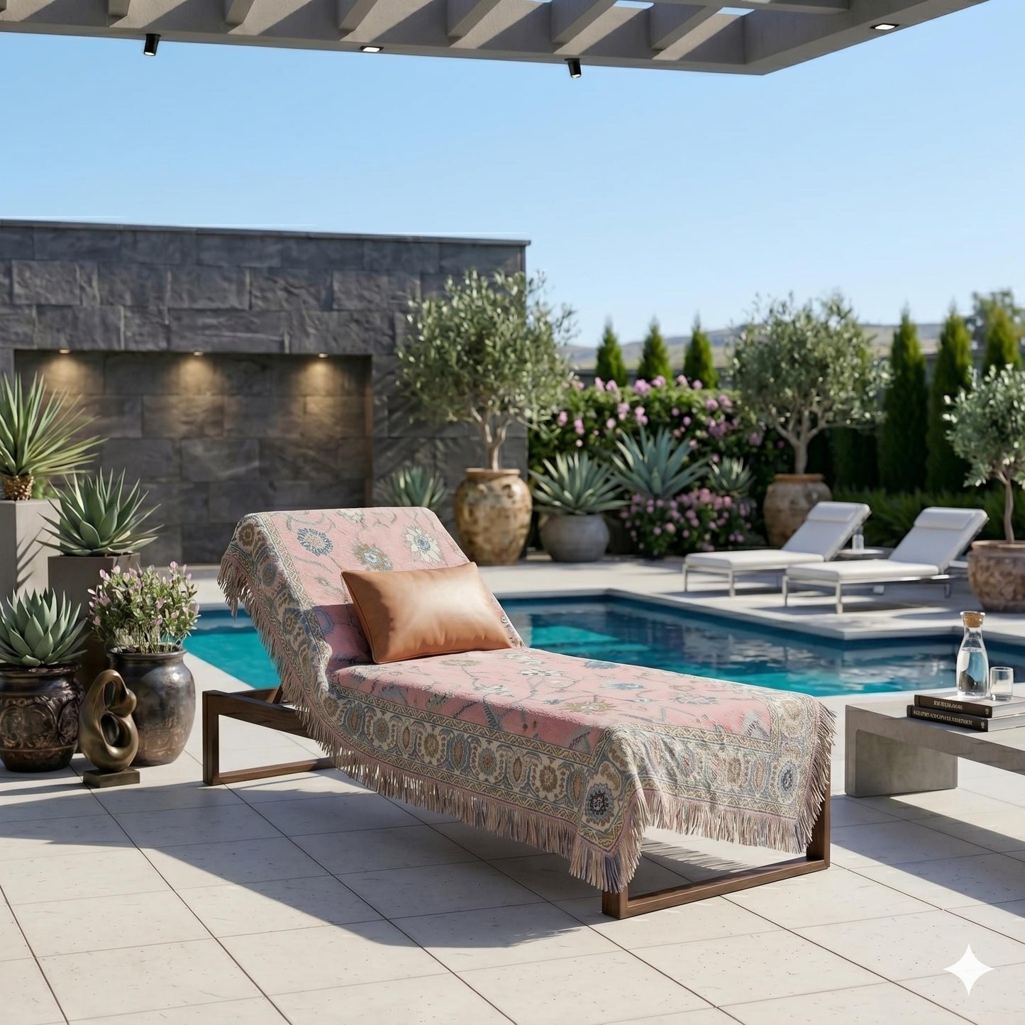 Anatolian Inspired outdoor woven throw blanket with rug-style pattern for patio styling