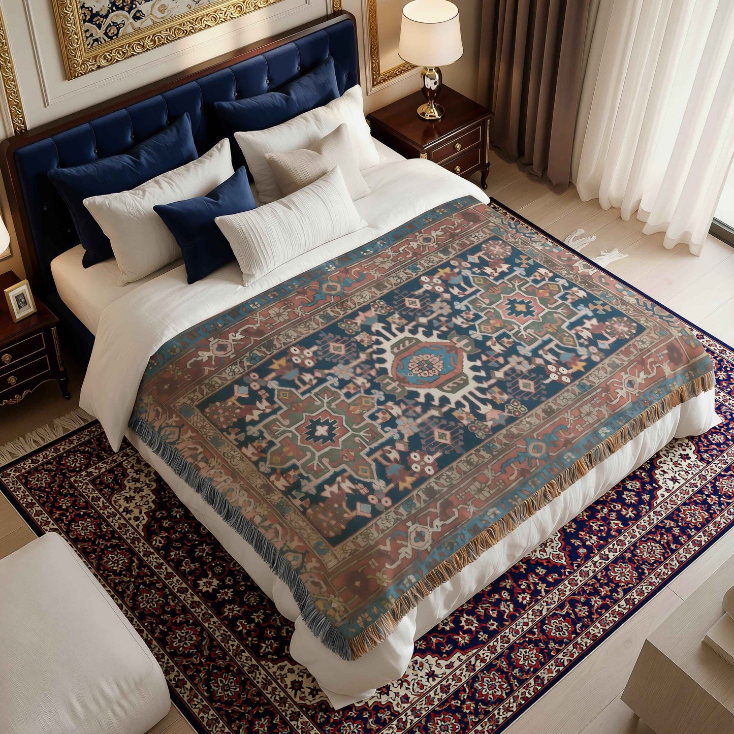 Anatolian Inspired woven blanket with rug-style pattern styled for layered home decor