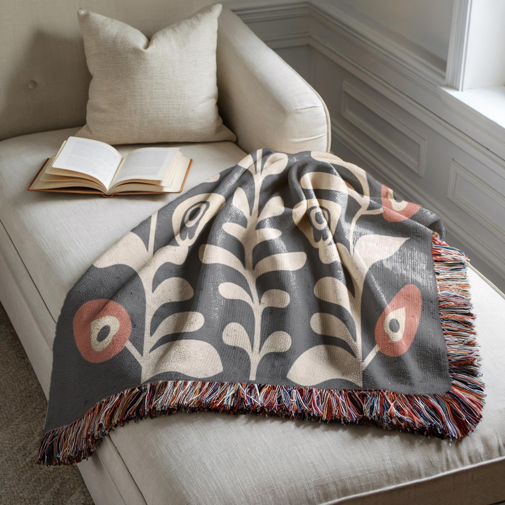 Floral Bouquet Blanket - Matisse Inspired Cotton Woven Throw with Colorful Fringed Edges