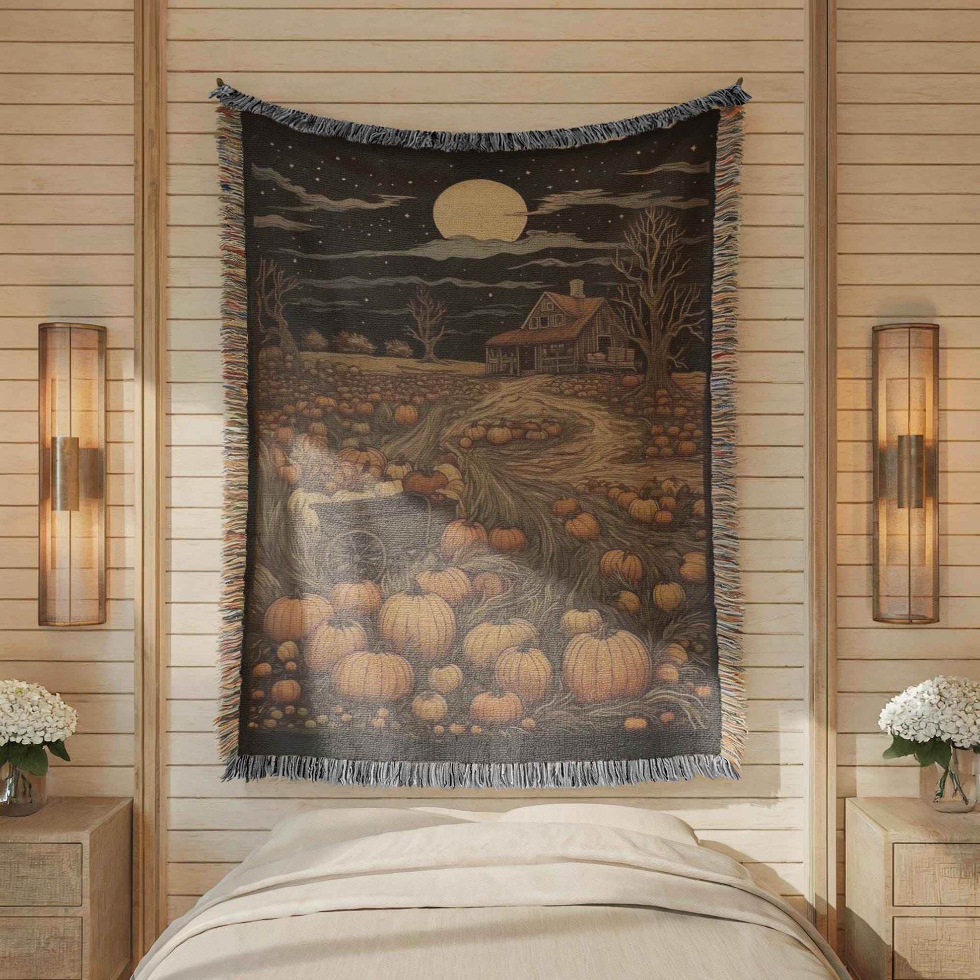 Pumpkin Patch Bedding - Harvest Season Blanket With Cotton Woven Throw & Colorful Fringed Edges - timelessbohochic.com