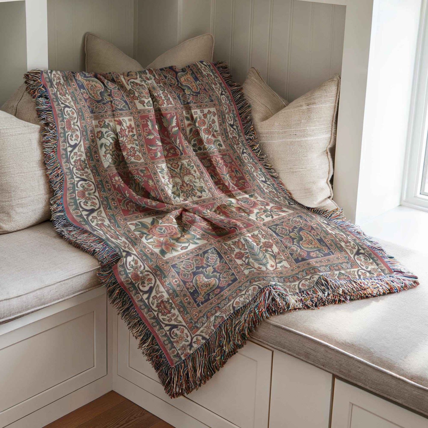 Anatolian Inspired woven blanket with floral pattern styled for layered home decor