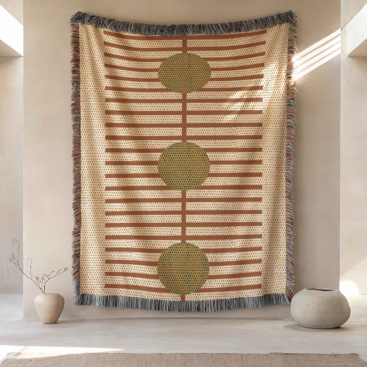 Scandinavian Inspired woven blanket with woven pattern styled for layered home decor