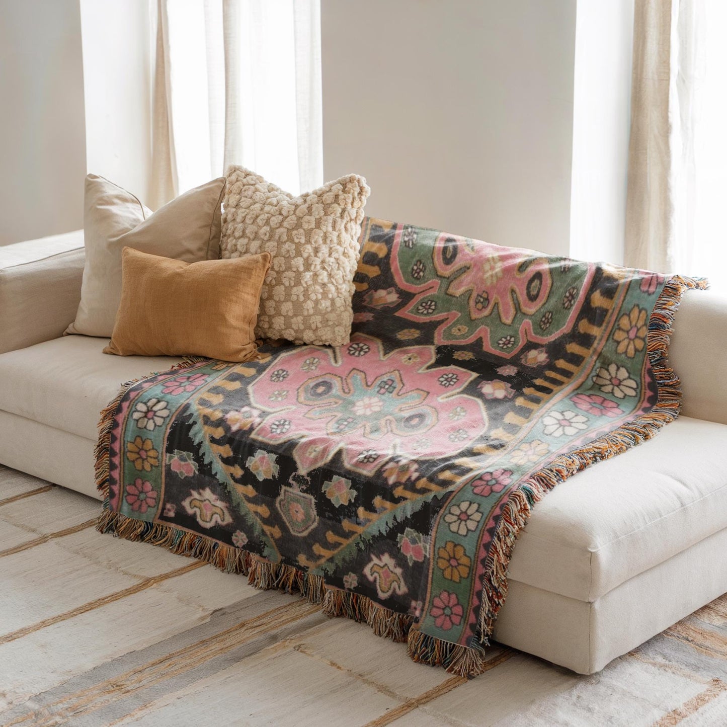 Caucasian Rug Inspired woven blanket with geometric pattern styled for layered home decor