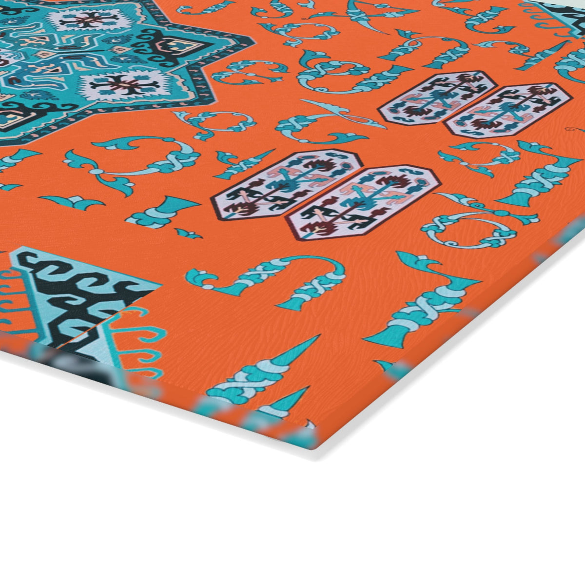 Orange and turquoise Armenian cutting board seen from above on a kitchen counter