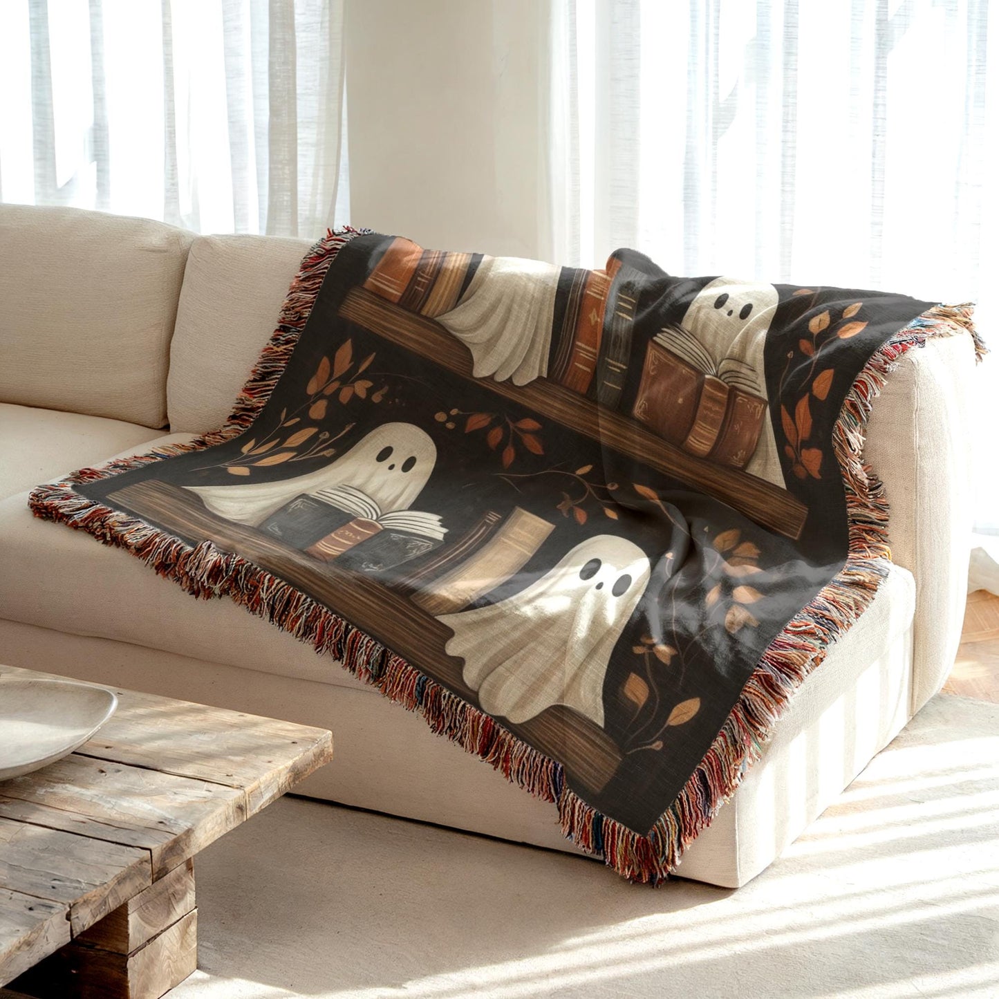 Halloween Blanket | Spooky Sofa Throw With Ghost Bookshelf Decor & Colorful Fringed Edges