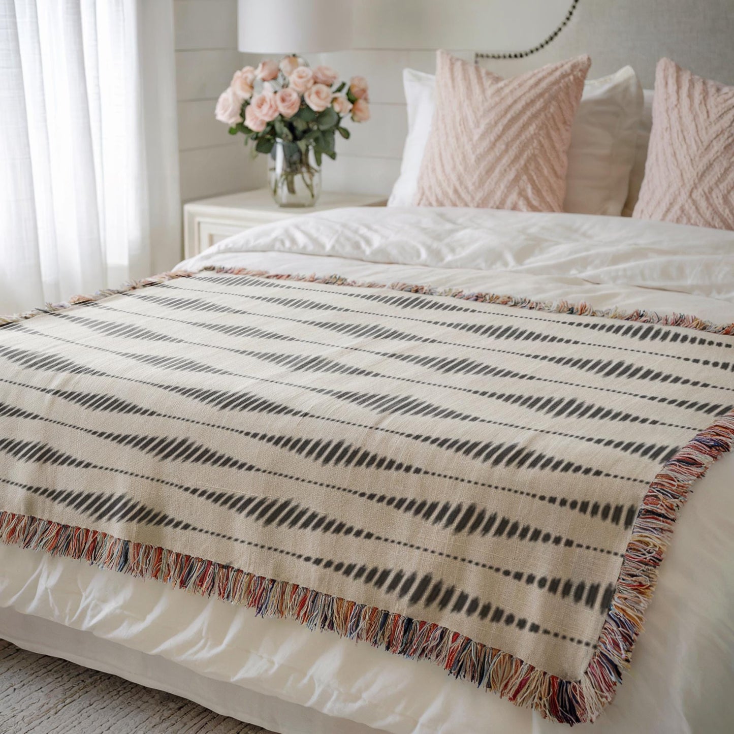 Modern Geometric woven blanket with geometric pattern styled for layered home decor