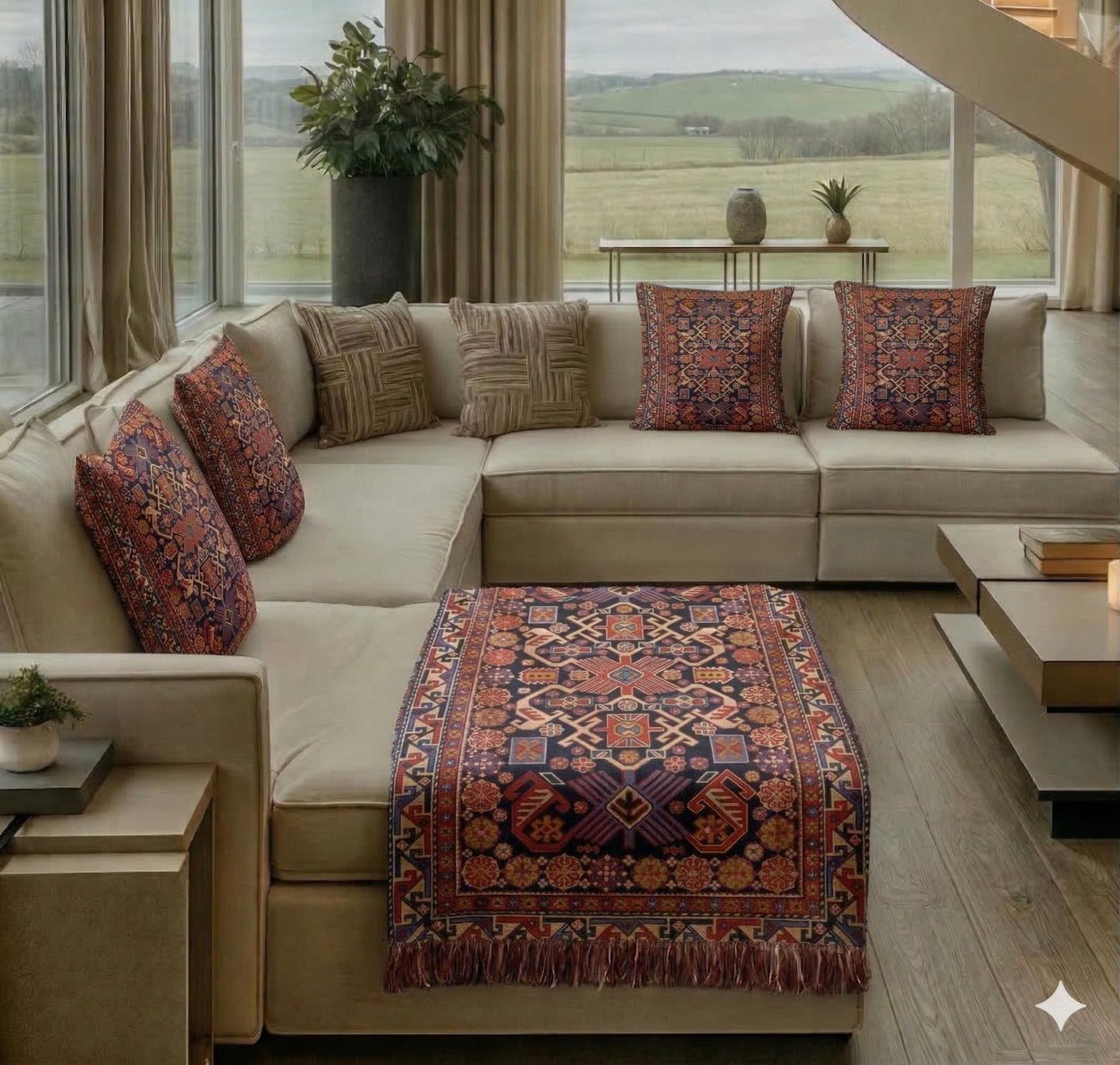 Anatolian Inspired woven blanket with rug-style pattern styled for layered home decor