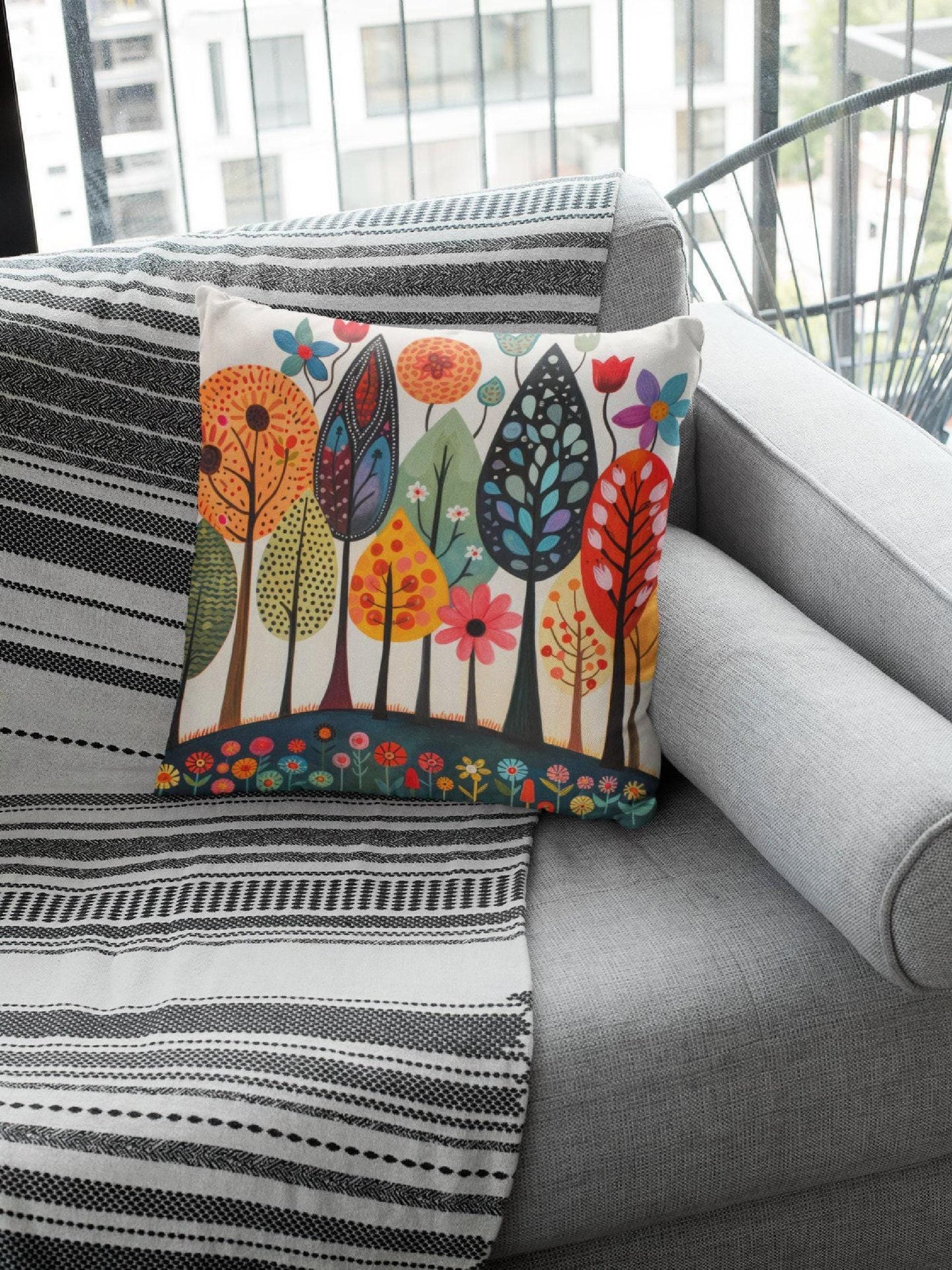 Scandinavian Inspired pillow cover with woven pattern styled on a sofa or bed