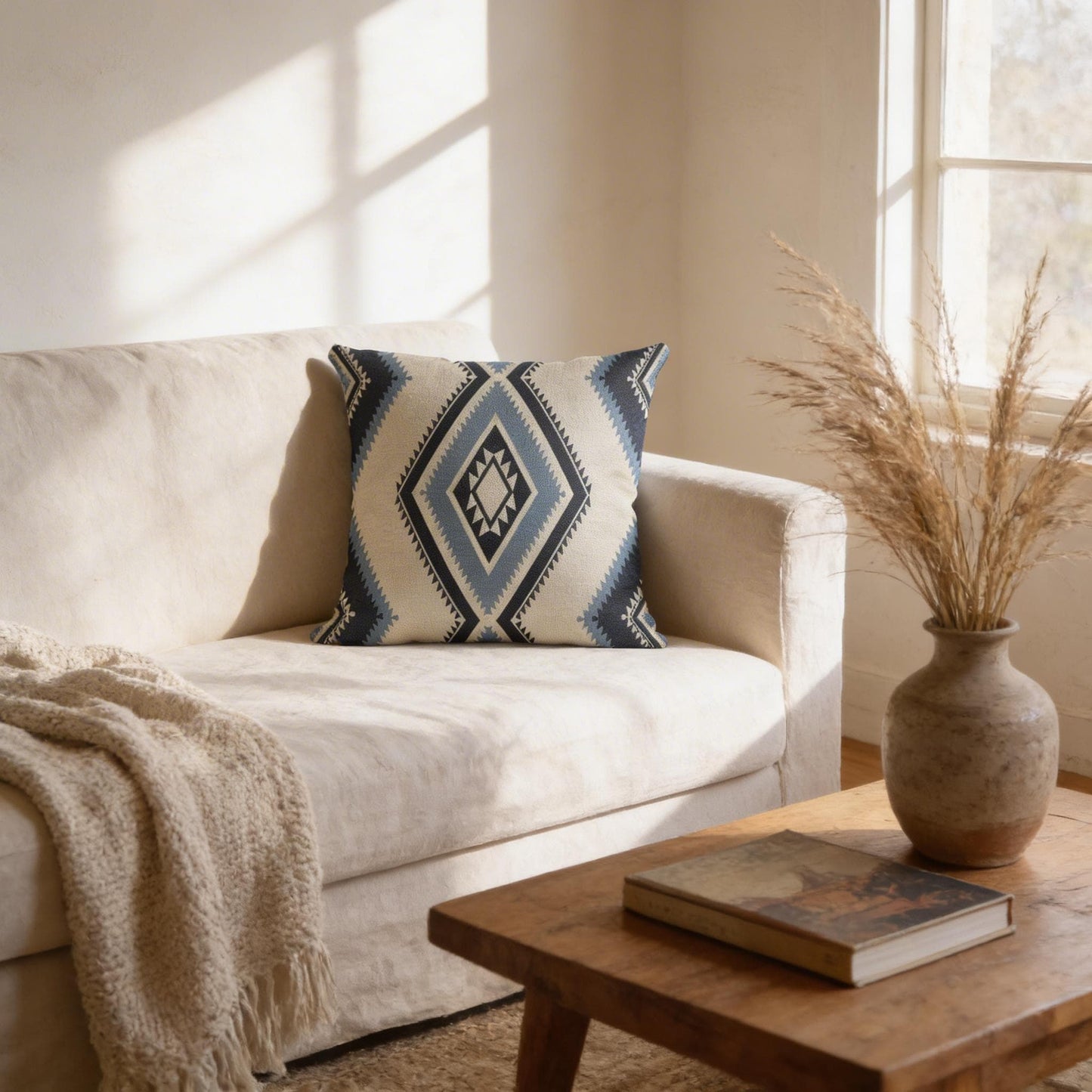 Southwestern pillow cover with geometric pattern styled on a sofa or bed