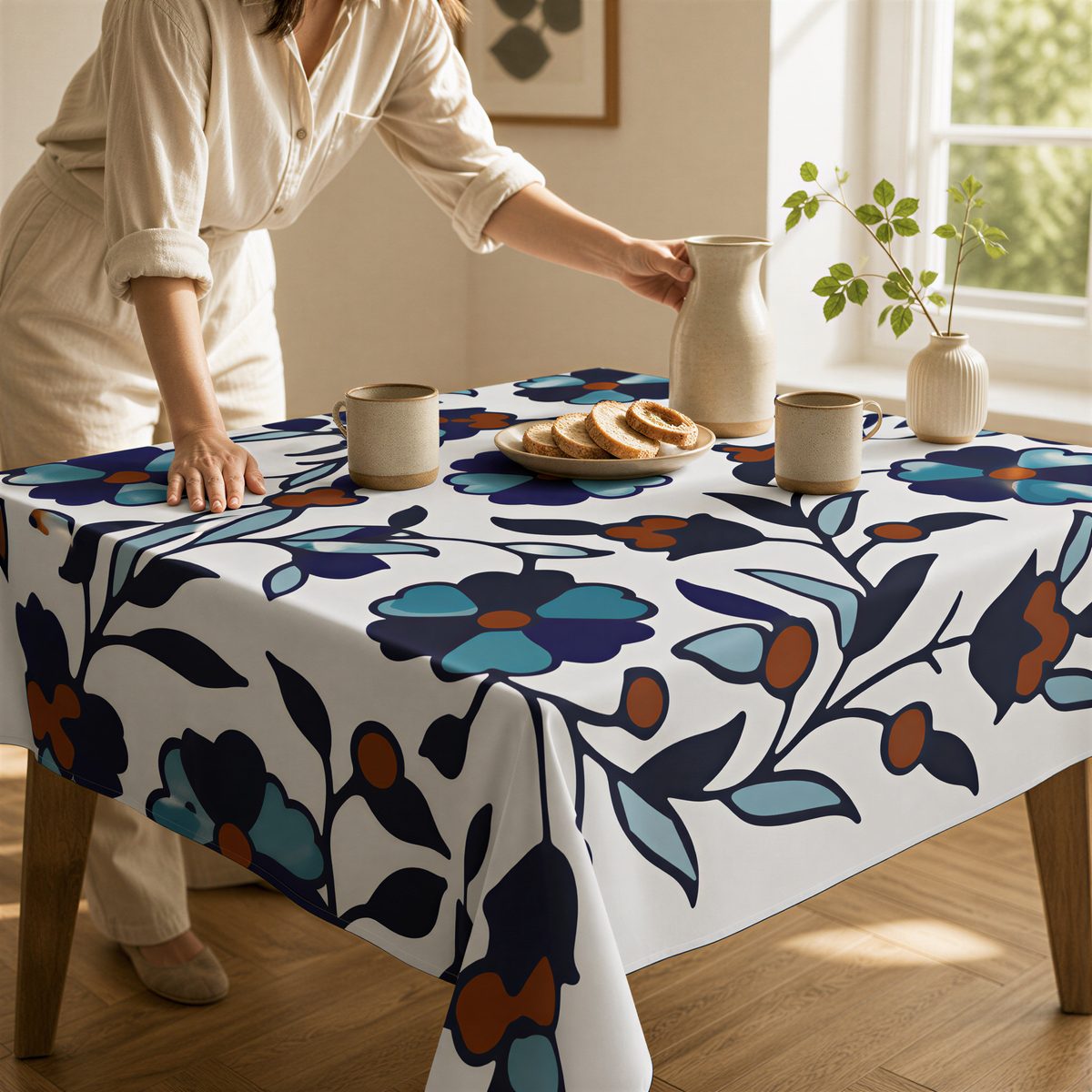 Blue and teal Armenian square tablecloth, a person setting bread and a jug on the table