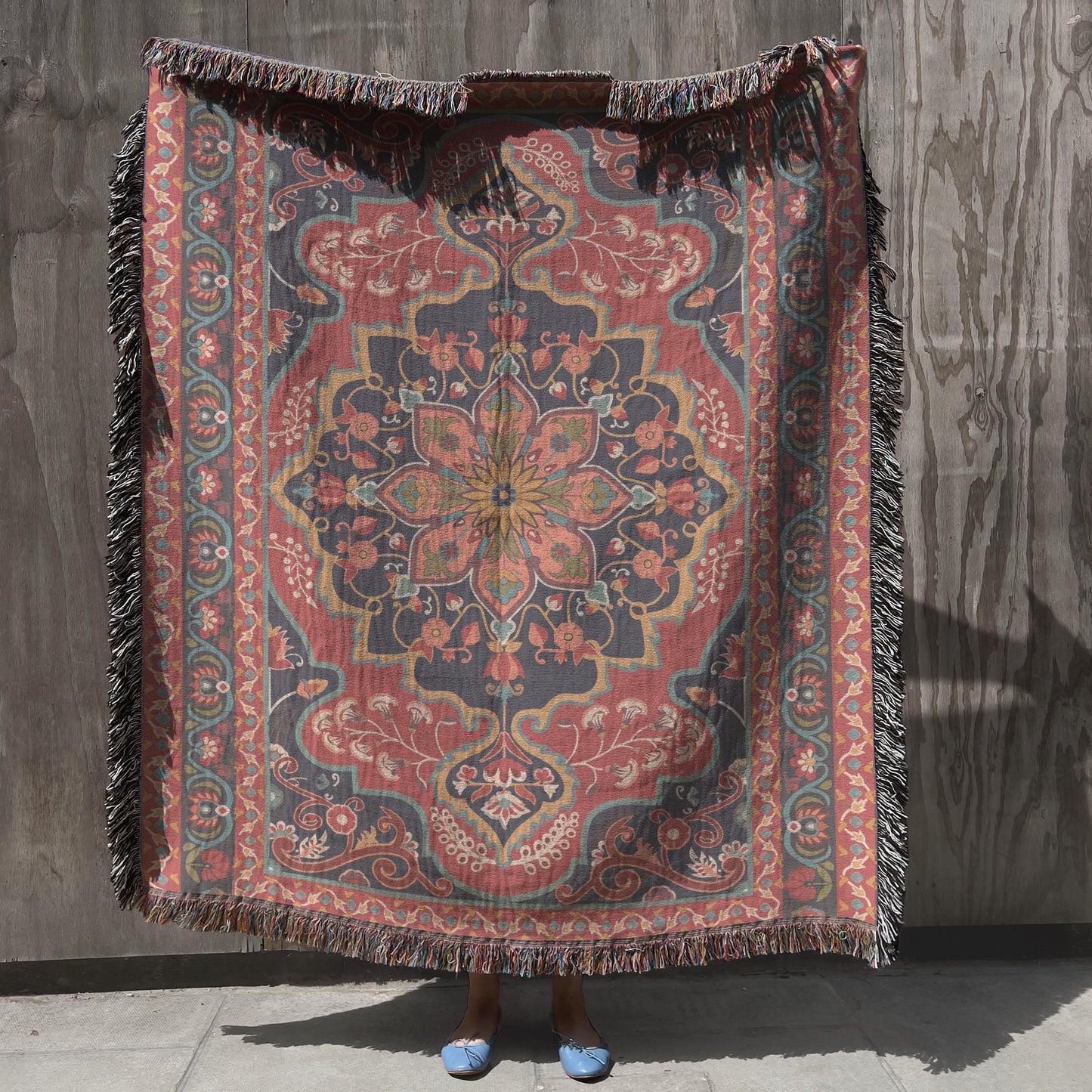 Caucasian Rug Inspired woven blanket with geometric pattern styled for layered home decor
