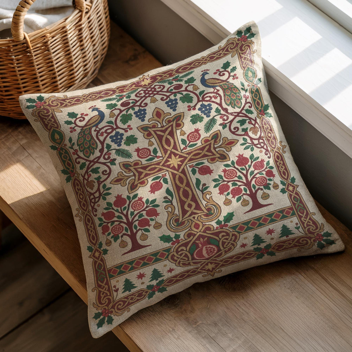 Armenian Christmas pillow with cross and pomegranate trees resting on a wooden surface by a basket