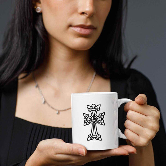 Armenian Coffee Mug – Gregorian Cross Design | White Ceramic 11oz Cup - timelessbohochic.com