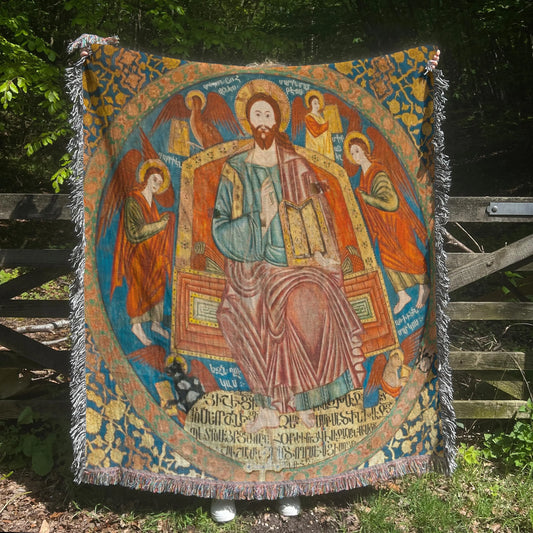 Armenian Cotton Blanket – Woven Miniature Design, Cultural Sofa Throw with Colorful Fringed Edges