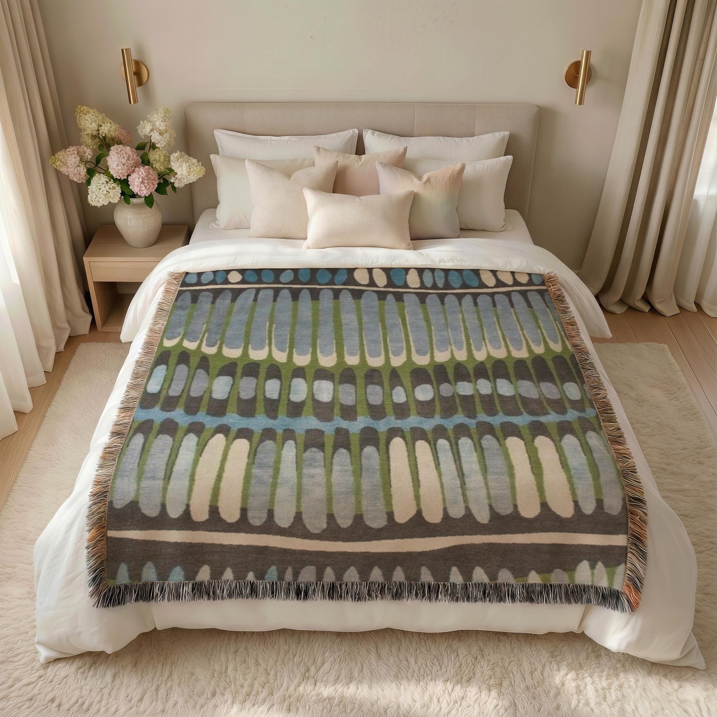 Modern Geometric woven blanket with geometric pattern styled for layered home decor