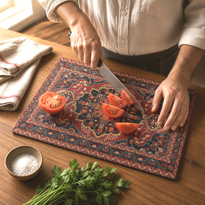 Armenian carpet glass cutting board in red and navy, a cook slicing tomatoes on it