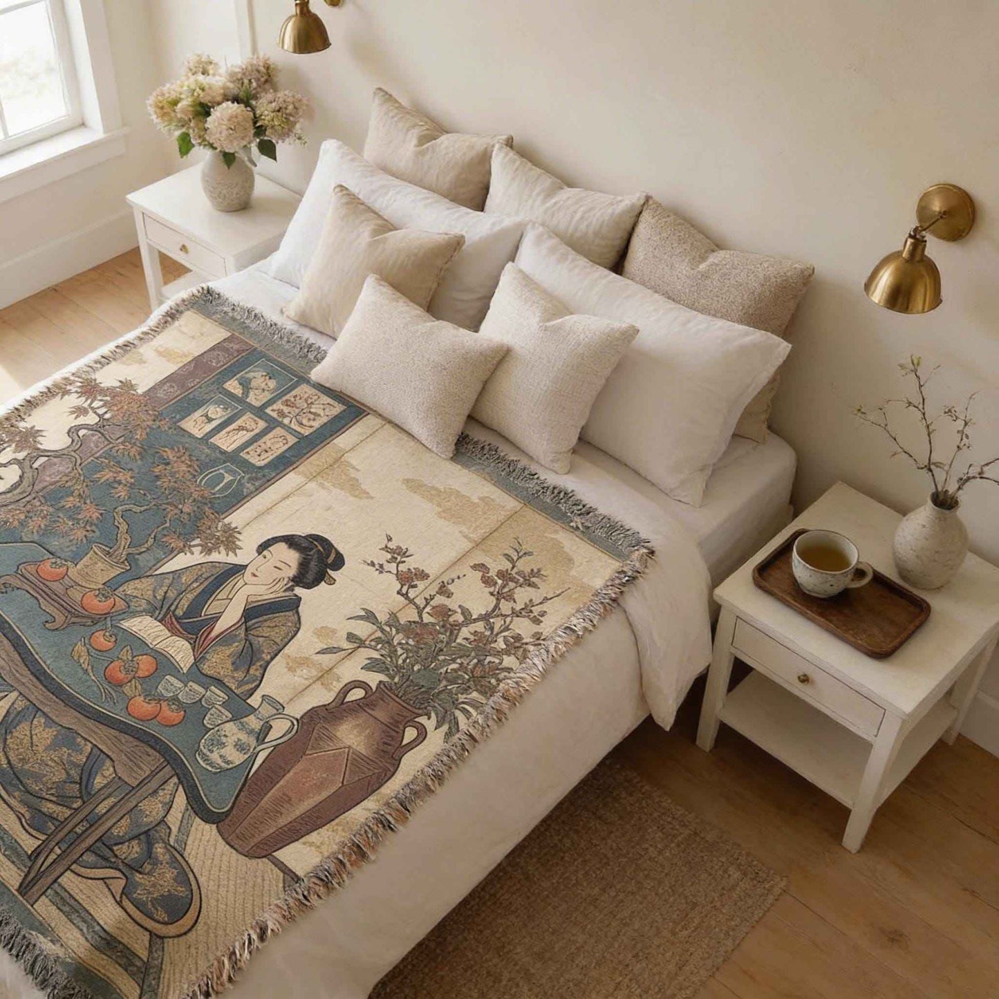 Boho woven blanket with woven pattern styled for layered home decor