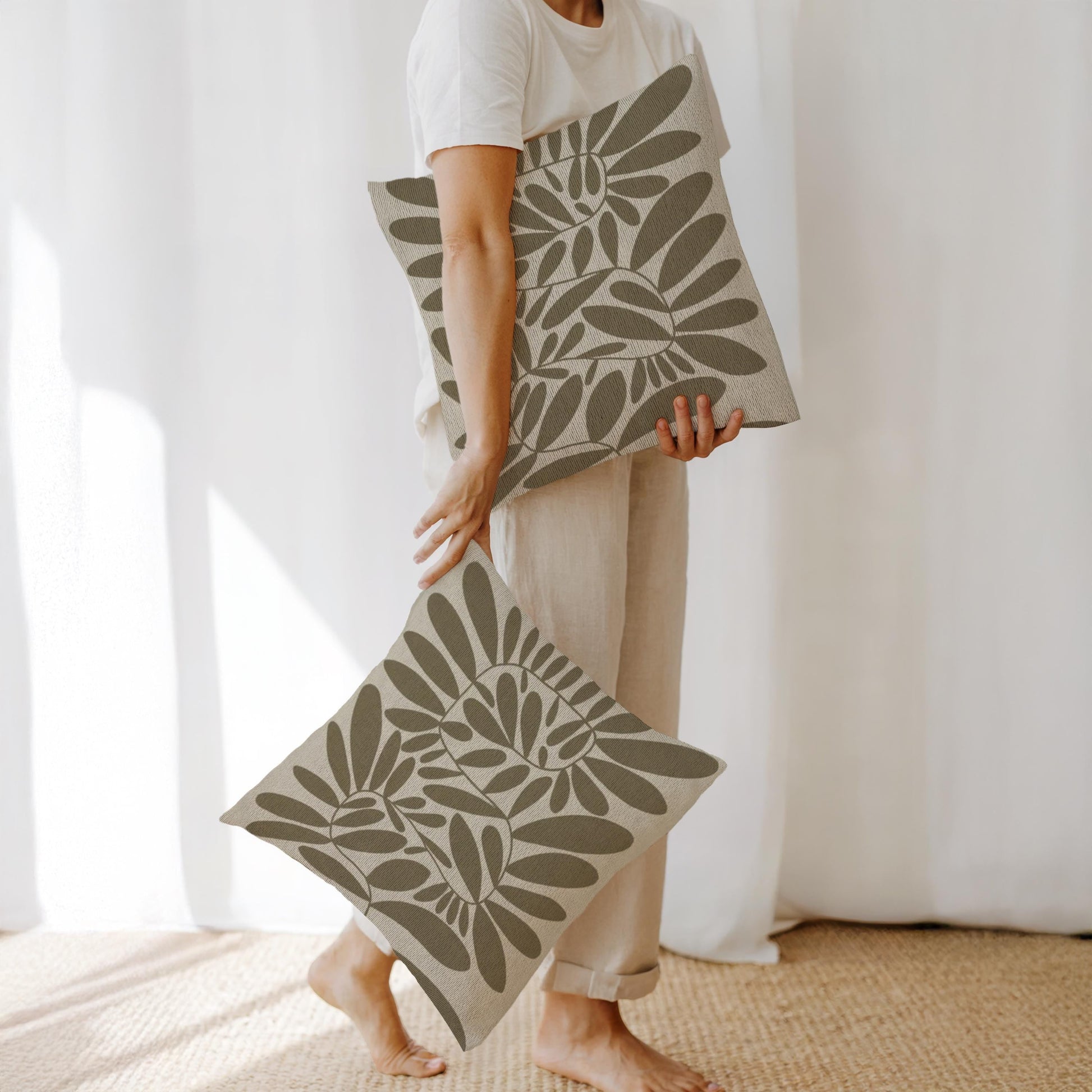 Woven Pillow - Mid Century Cushion with Scandi Leaves Pattern | Durable Cotton Blend