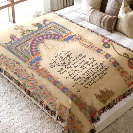 Boho woven blanket with woven pattern styled for layered home decor